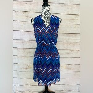 Calvin Klein Women’s Blue Chevron Dotted V-Neck Layered Blouson Mini Dress Sz 4